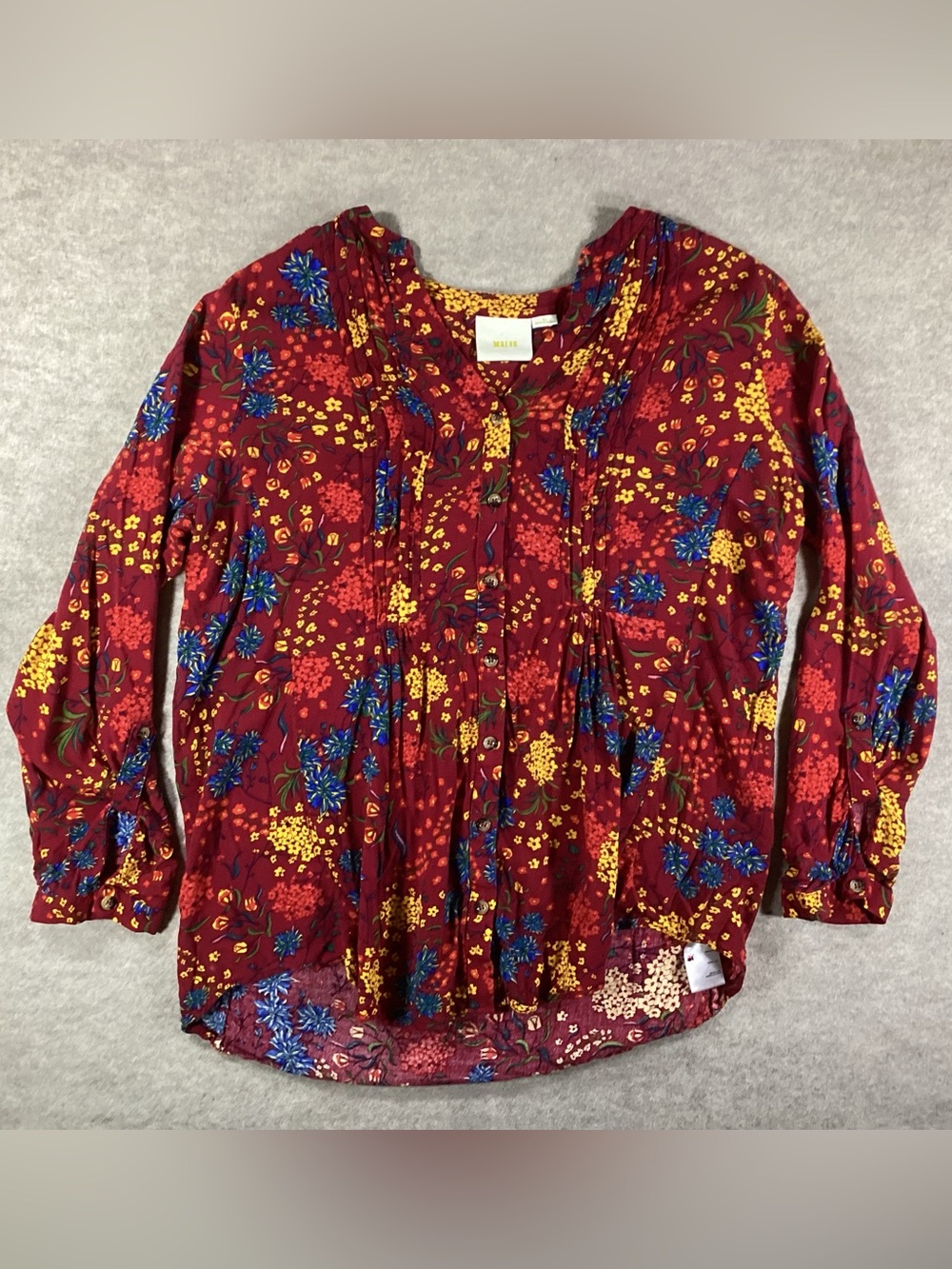 Maeve Anthropologie Burgundy Floral Pintuck Blouse with Blue & Yellow Accents